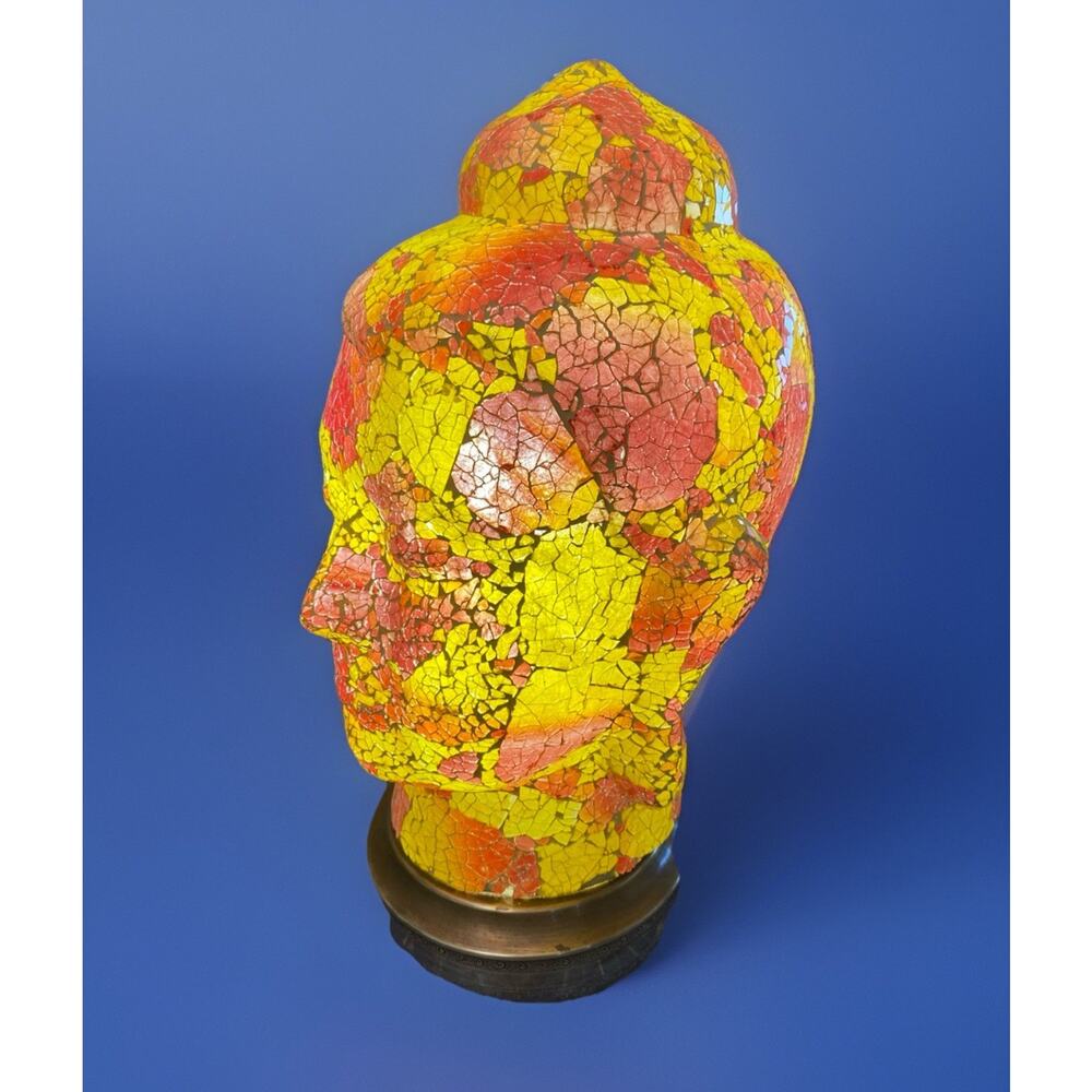 Vintage Amrita Singh Orange Yellow Buddha Head Mosaic Lamp 17" Tall